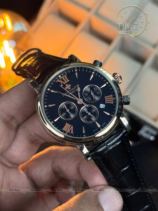 Patek Philippe Midnight Black RoseGold Chronograph Men’s Watch with Black Leather Strap