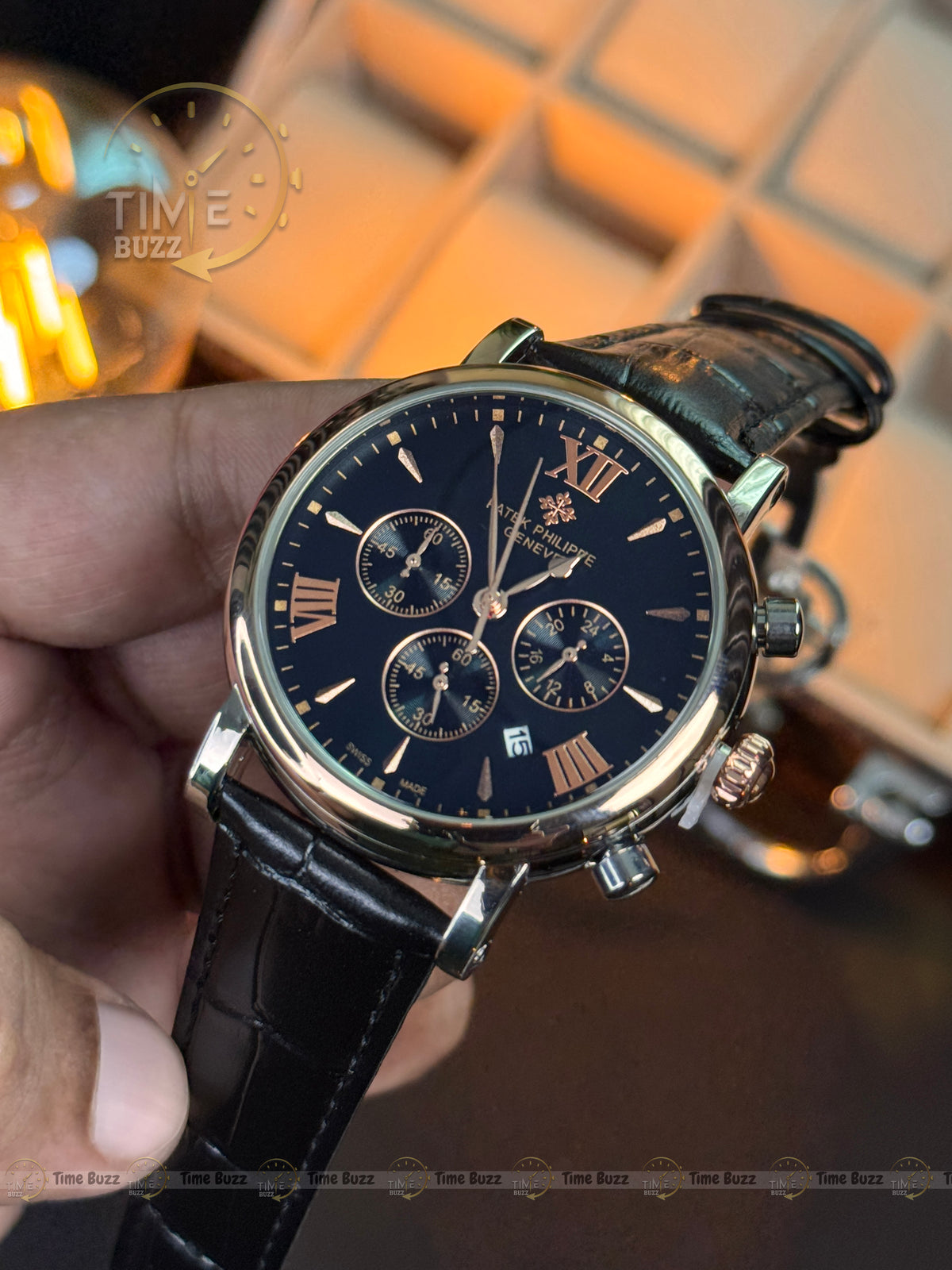 Patek Philippe Midnight Black RoseGold Chronograph Men’s Watch with Black Leather Strap