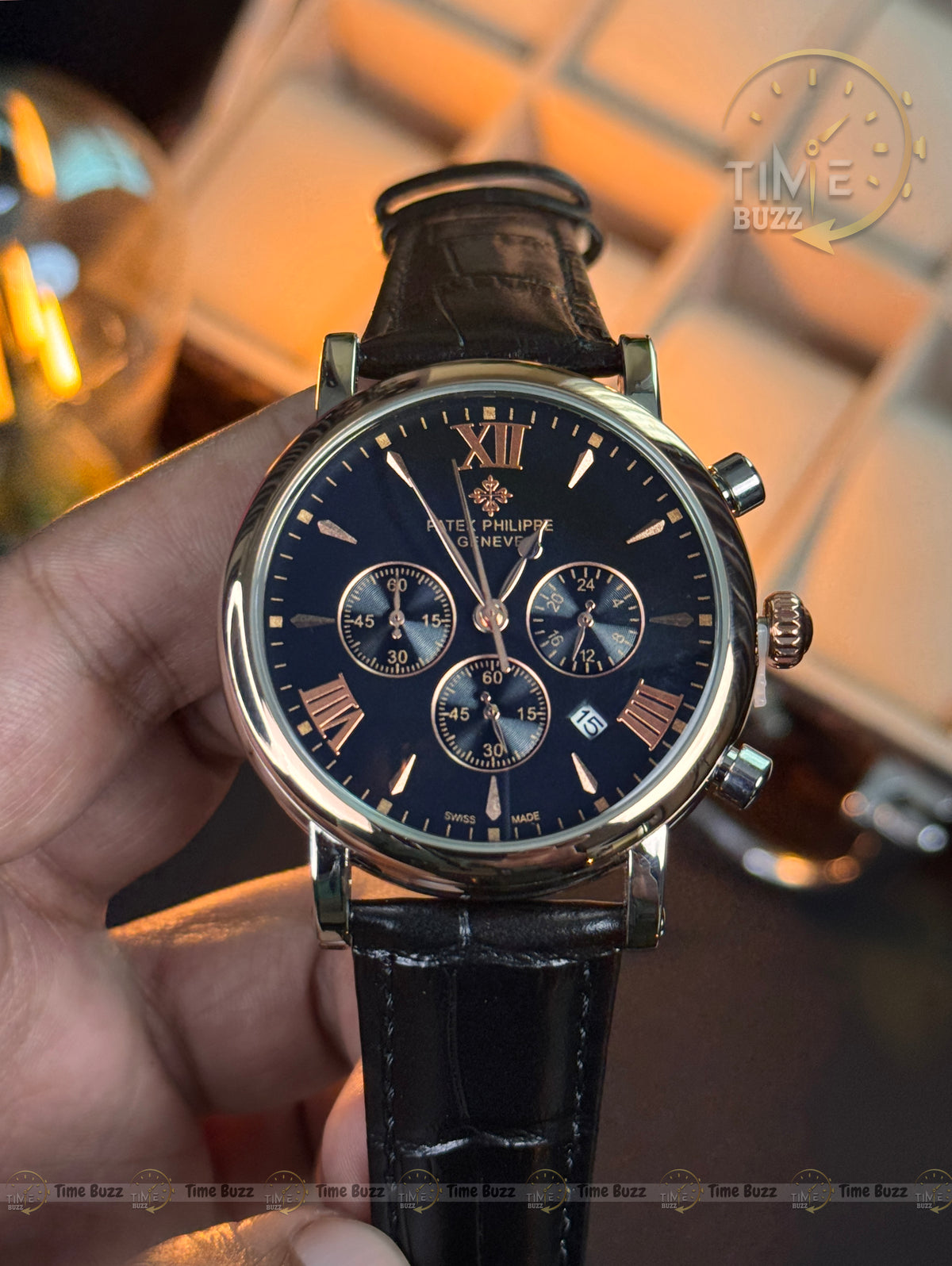 Patek Philippe Midnight Black RoseGold Chronograph Men’s Watch with Black Leather Strap