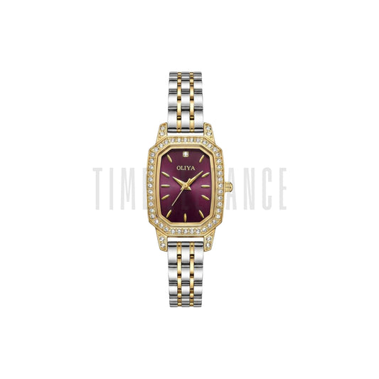 OLIYA 2002 Women’s Diamond-Encrusted Quartz Watch Maroon Dial – Small Dial Stainless Steel Vintage Wristwatch