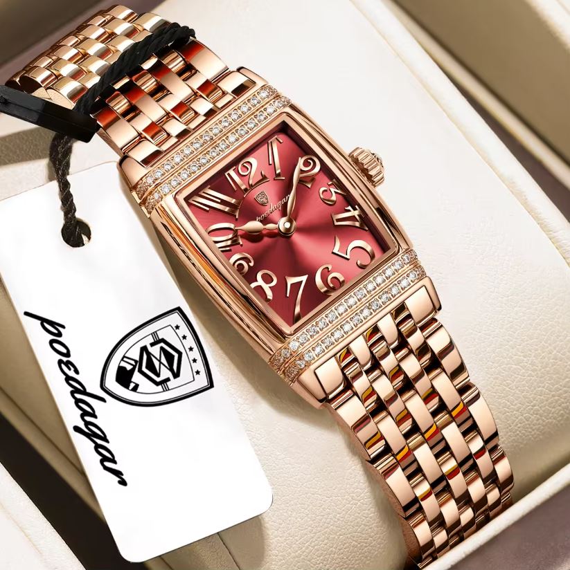 Poedagar 799 Women's Luxury Watch | Square Rose Red Design