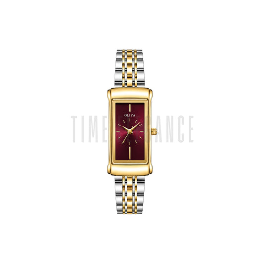 OLIYA 55182 Women’s Square Luxury Quartz Watch Maroon Dial – Stainless Steel Retro Dress Wristwatch