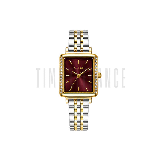 OLIYA 880 Women’s Maroon Square Dial Watch – Gold Silver Bracelet