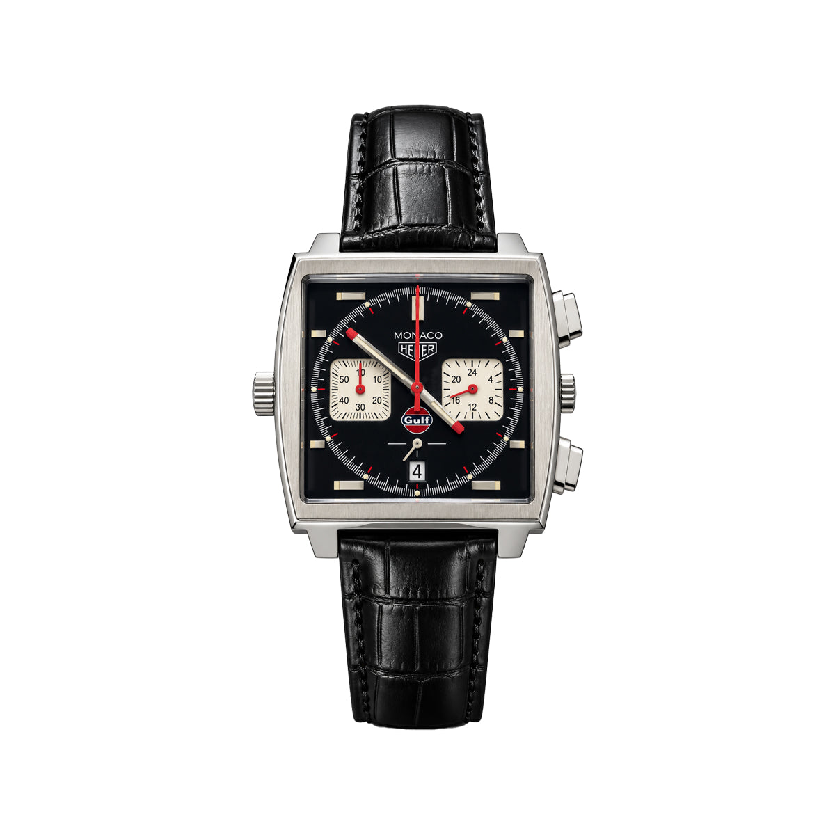 Men’s Monaco-Style Square Chronograph Watch – Black Dial & Leather Strap
