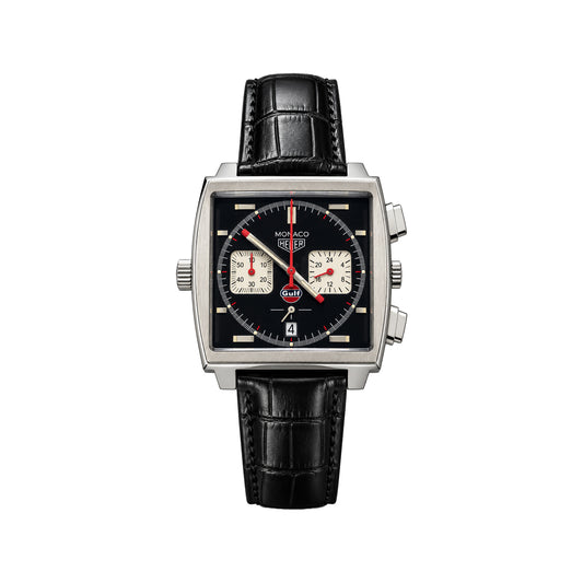 Men’s Monaco-Style Square Chronograph Watch – Black Dial & Leather Strap