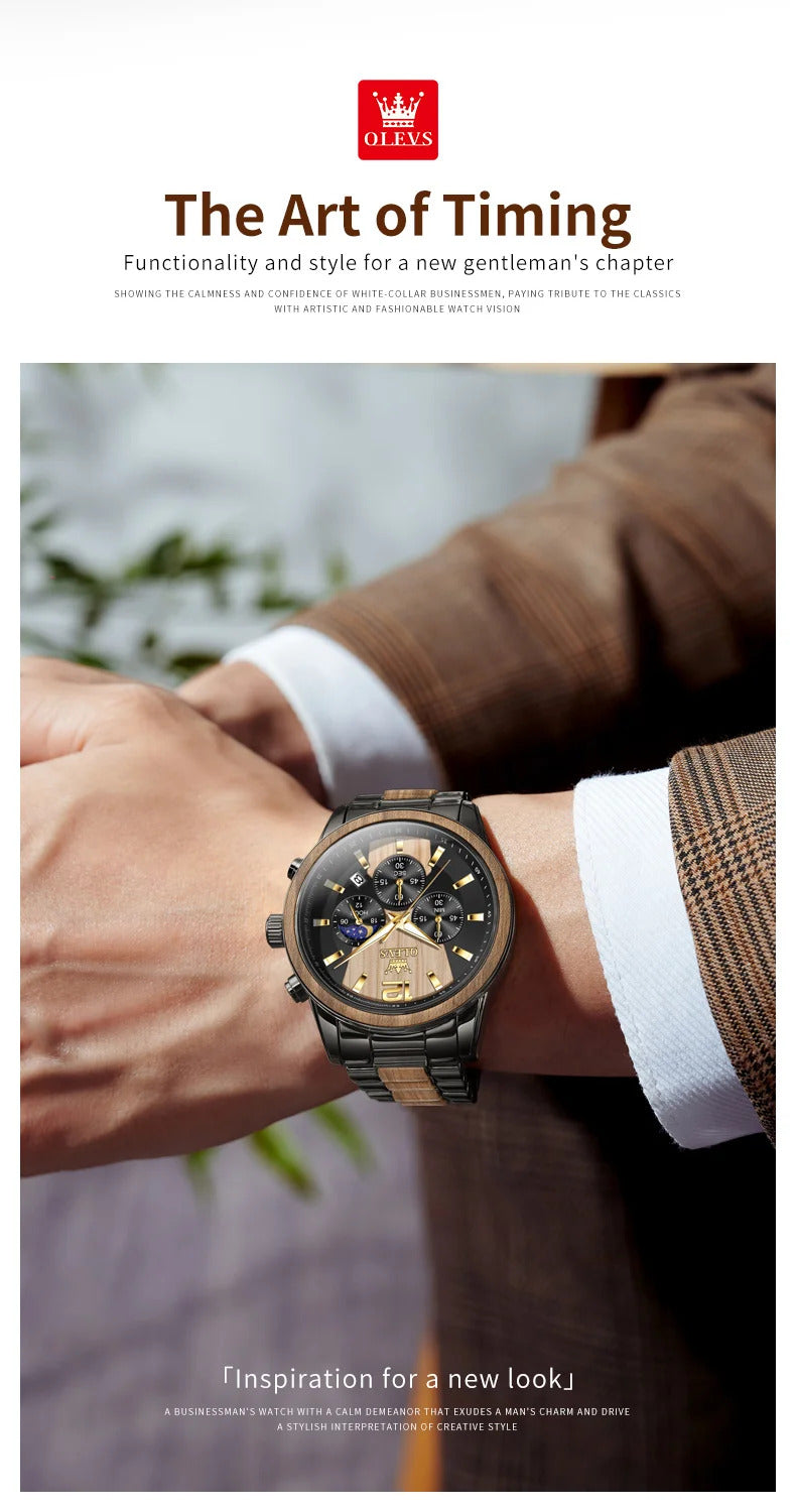 OLEVS 3645 Men's Wooden Chronograph Watch – Elegant & Waterproof
