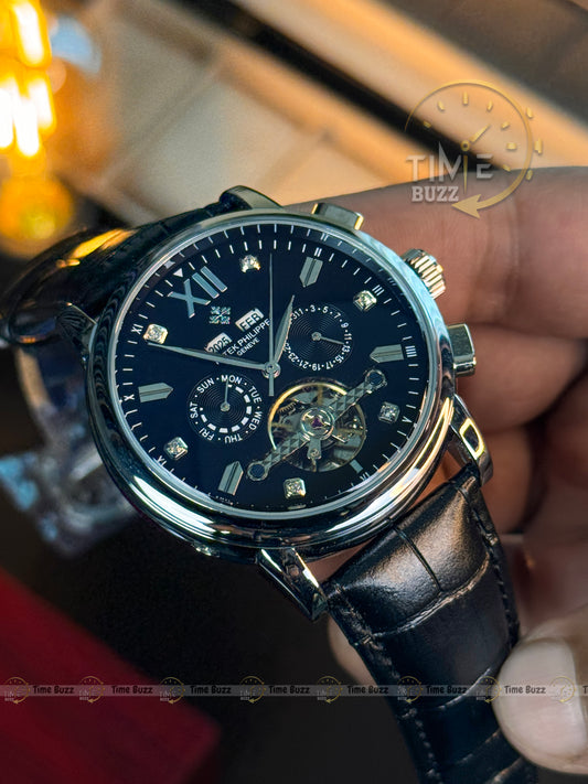 Patek Philippe Tourbillon Calendar Men’s Watch – Black Dial & Black Leather Strap