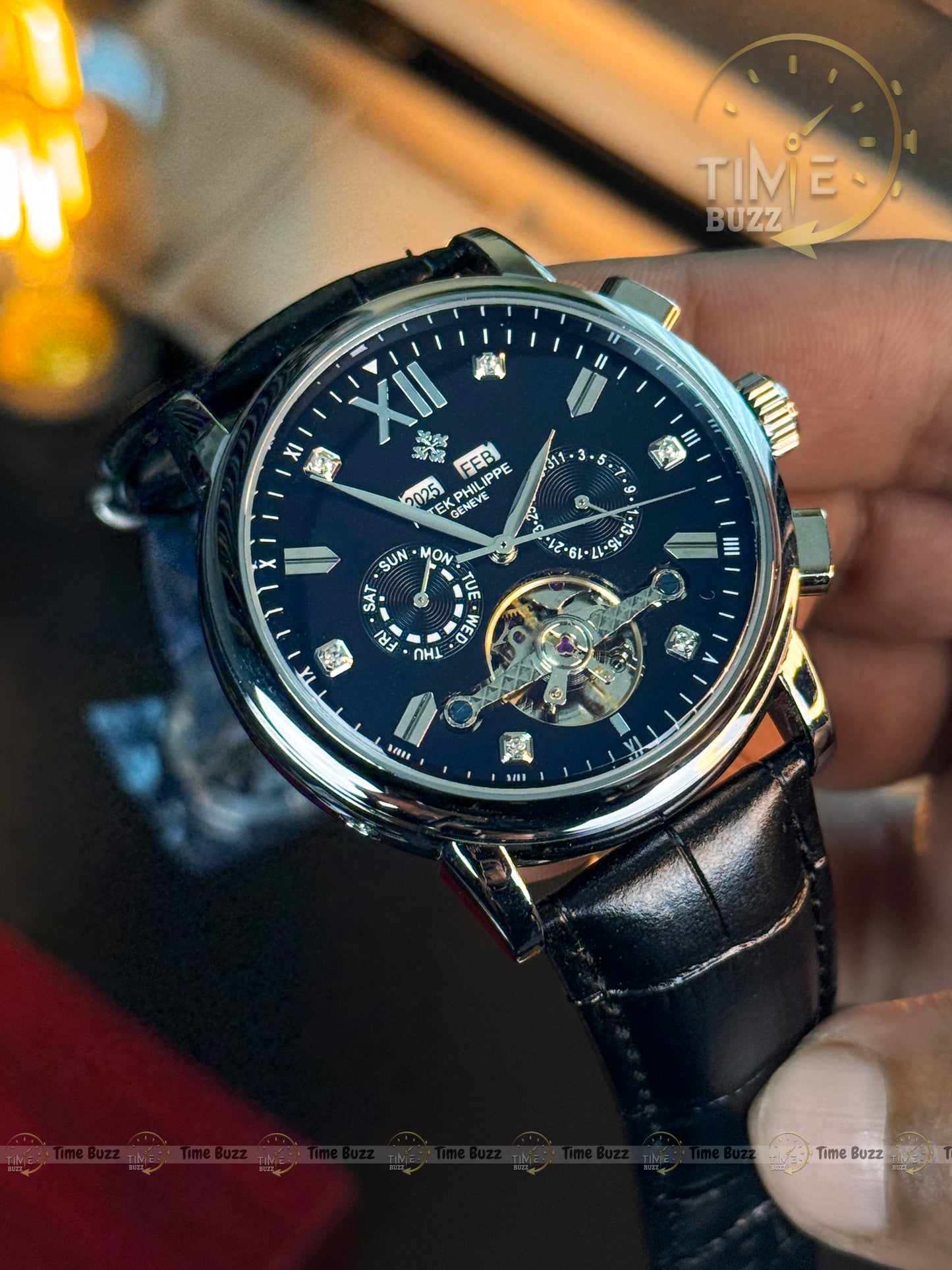 Patek Philippe Tourbillon Calendar Men’s Watch – Black Dial & Black Leather Strap