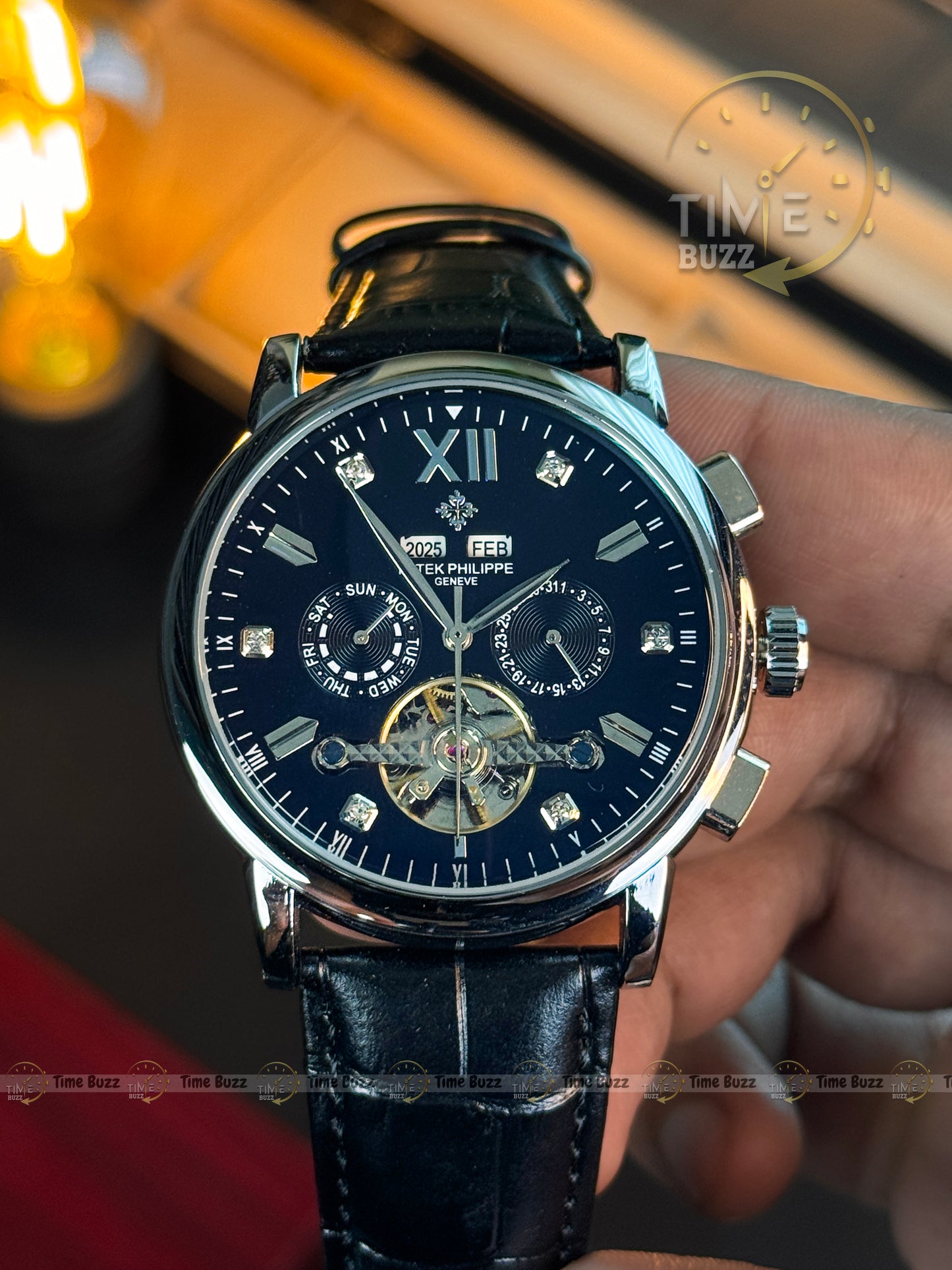 Patek Philippe Tourbillon Calendar Men’s Watch – Black Dial & Black Leather Strap