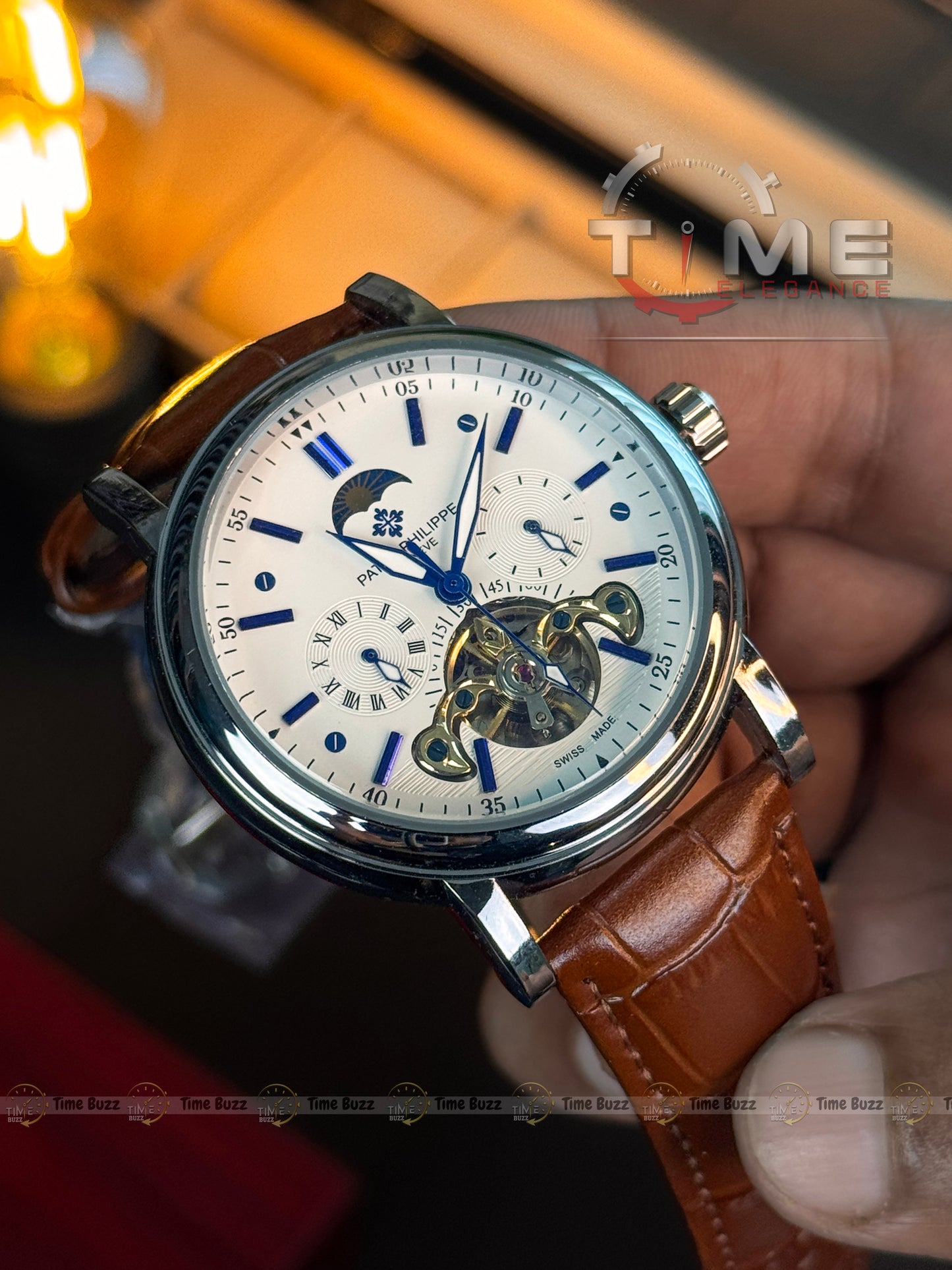 Patek Philippe Tourbillon Moonphase Men’s Watch – White Dial & Brown Leather Strap