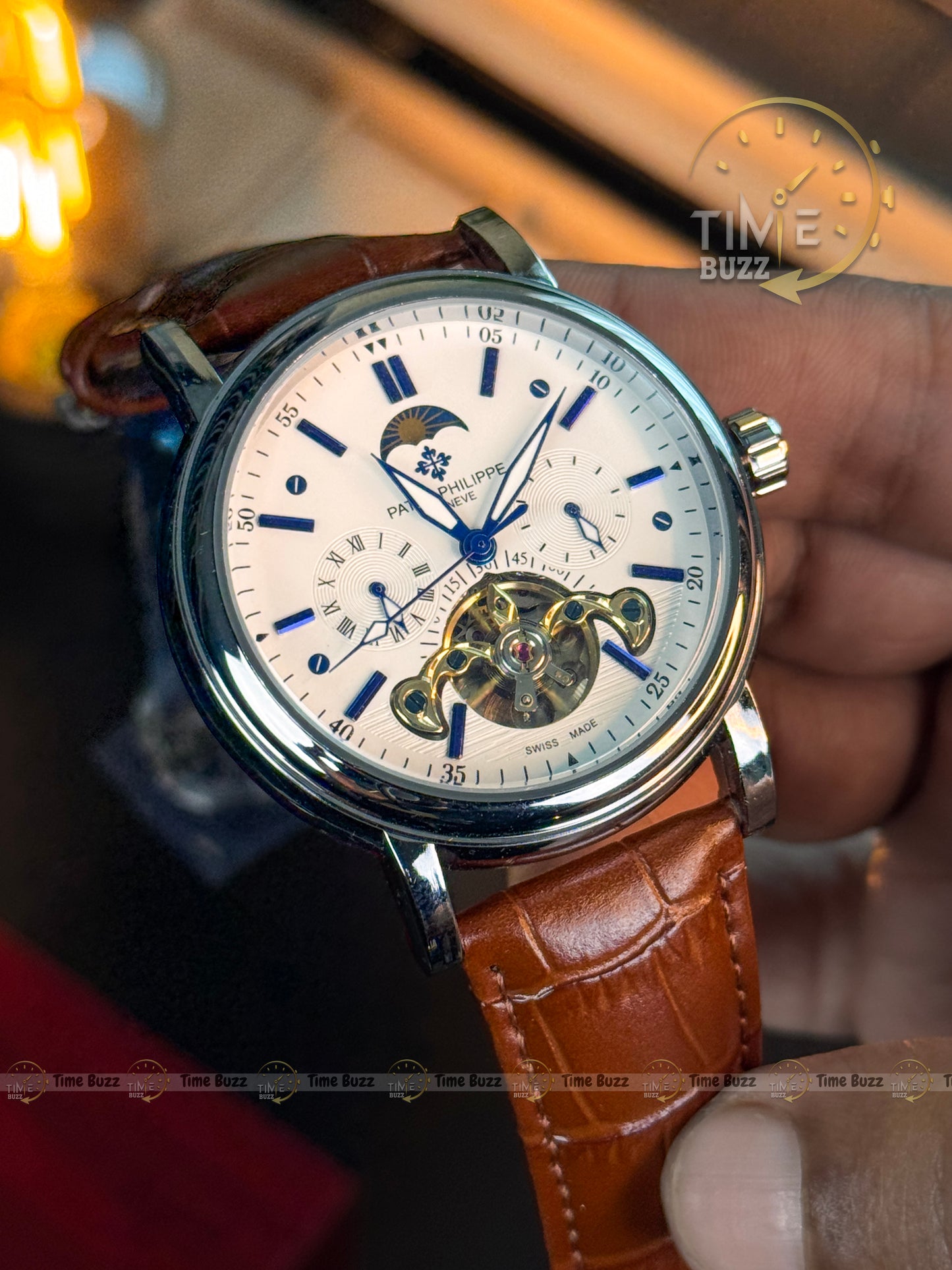 Patek Philippe Tourbillon Moonphase Men’s Watch – White Dial & Brown Leather Strap