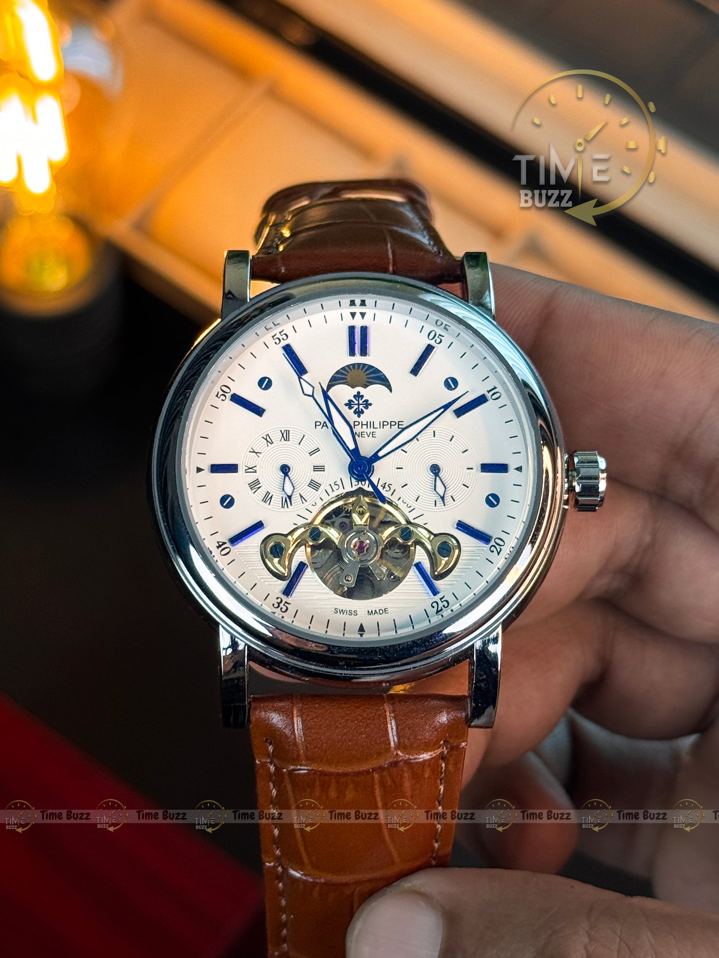 Patek Philippe Tourbillon Moonphase Men’s Watch – White Dial & Brown Leather Strap