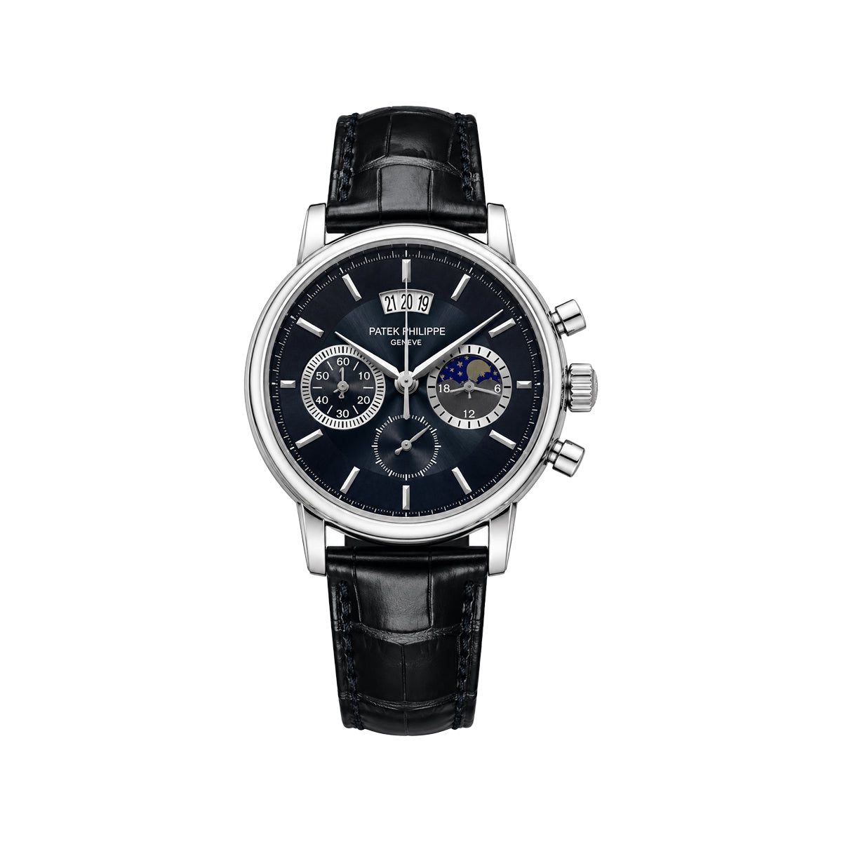 Patek Philippe Midnight Black Chronograph Moonphase-Style Men’s Watch with Black Leather Strap