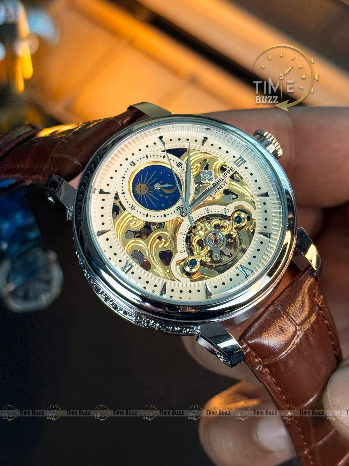 Patek Philippe Skeleton Moonphase Men’s Watch – White Dial & Brown Leather Strap