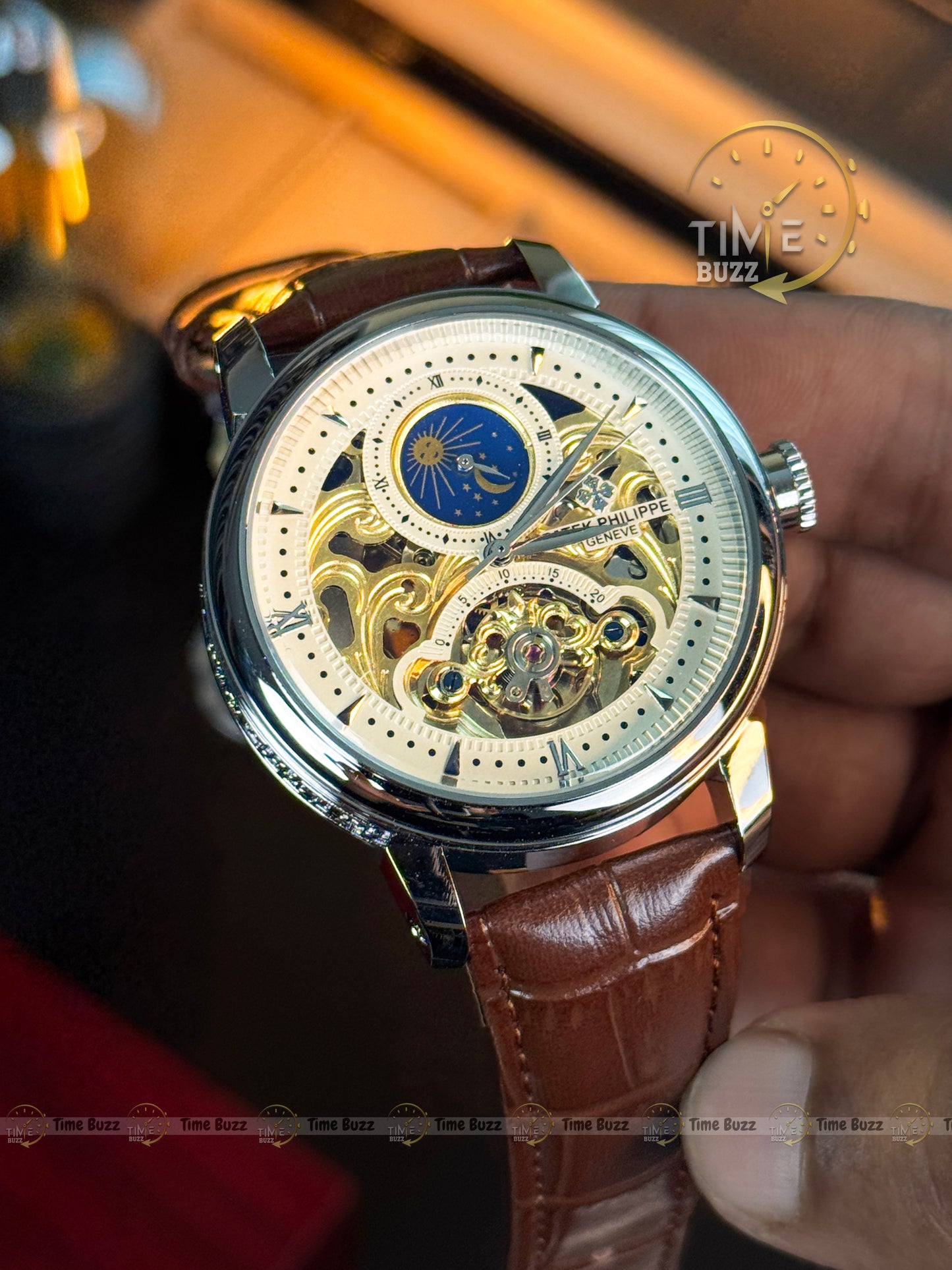Patek Philippe Skeleton Moonphase Men’s Watch – White Dial & Brown Leather Strap