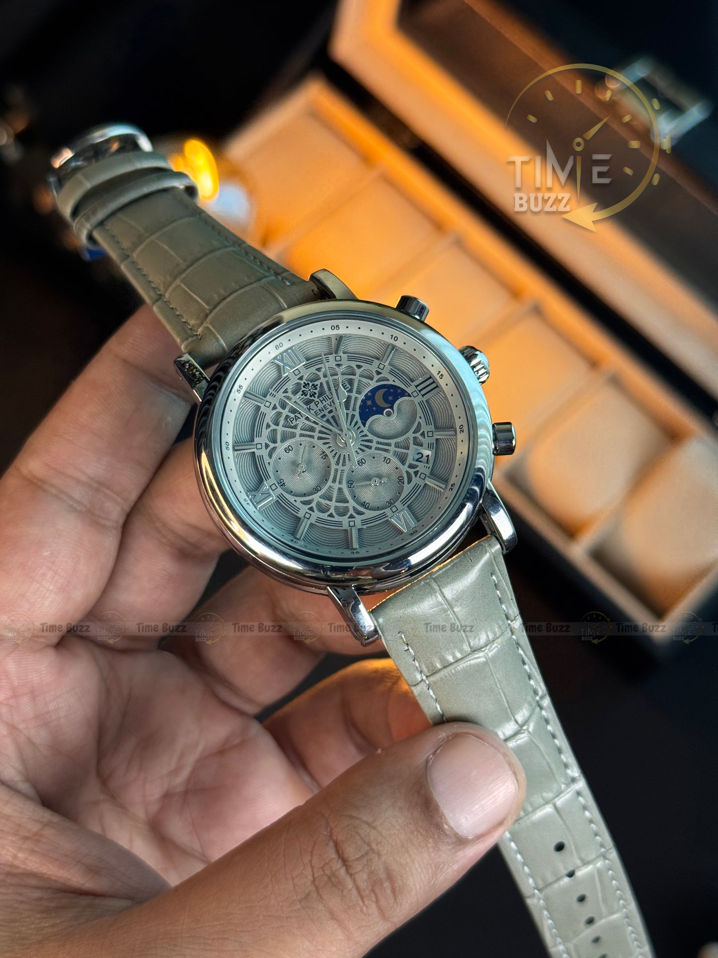 Patek Philippe PP201912 Moonphase Chronograph Men's Watch – Silver Skeleton Dial & Grey Leather Strap