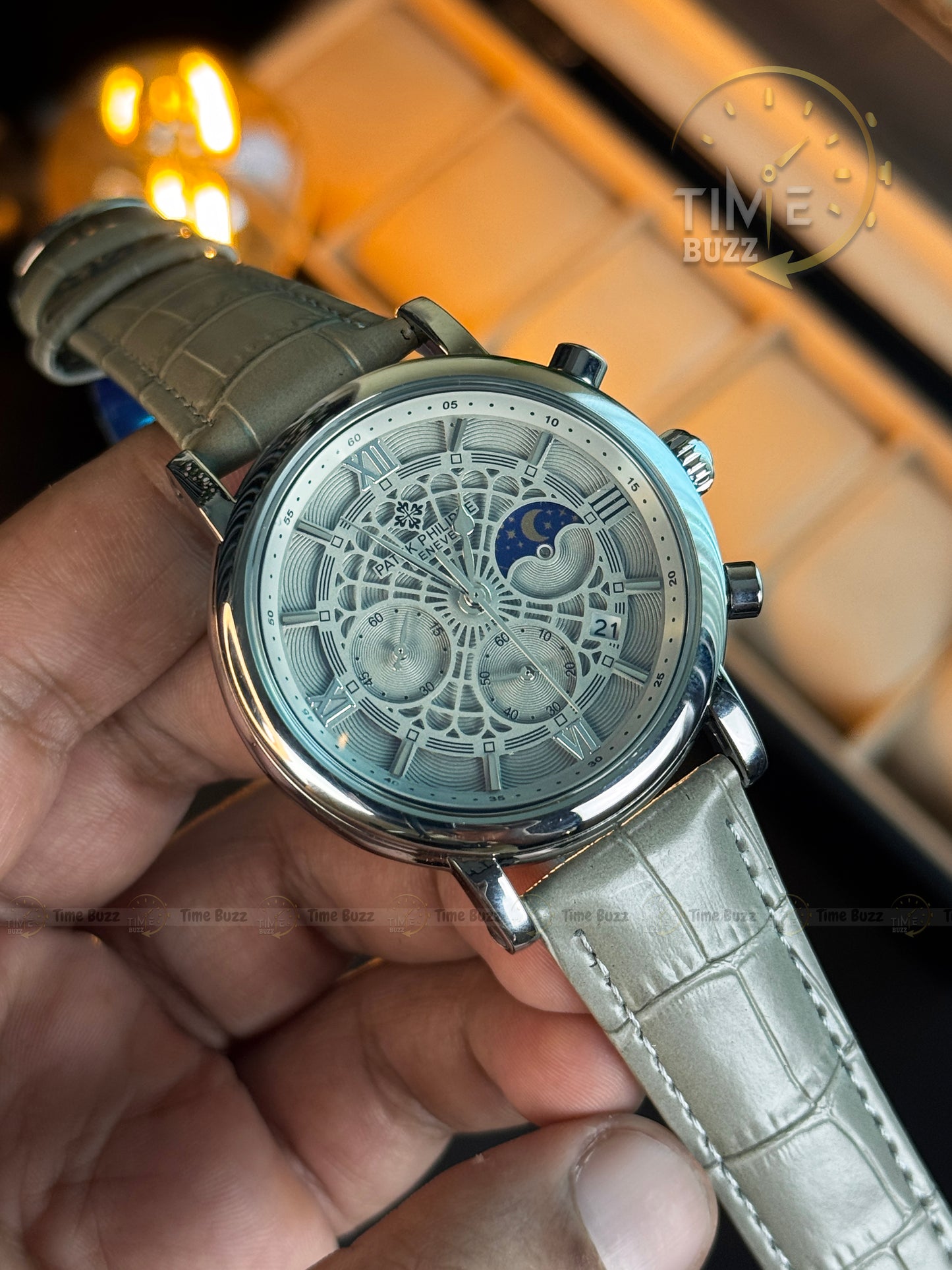 Patek Philippe PP201912 Moonphase Chronograph Men's Watch – Silver Skeleton Dial & Grey Leather Strap