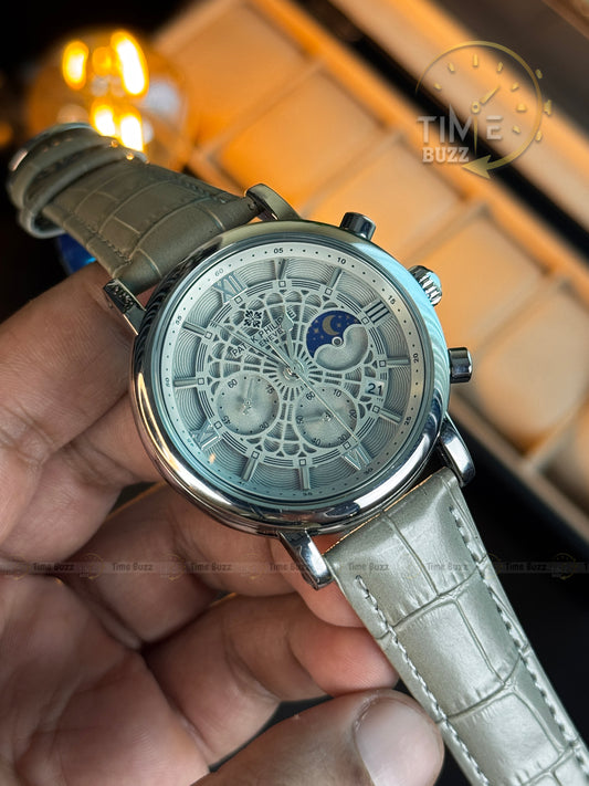 Patek Philippe PP201912 Moonphase Chronograph Men's Watch – Silver Skeleton Dial & Grey Leather Strap