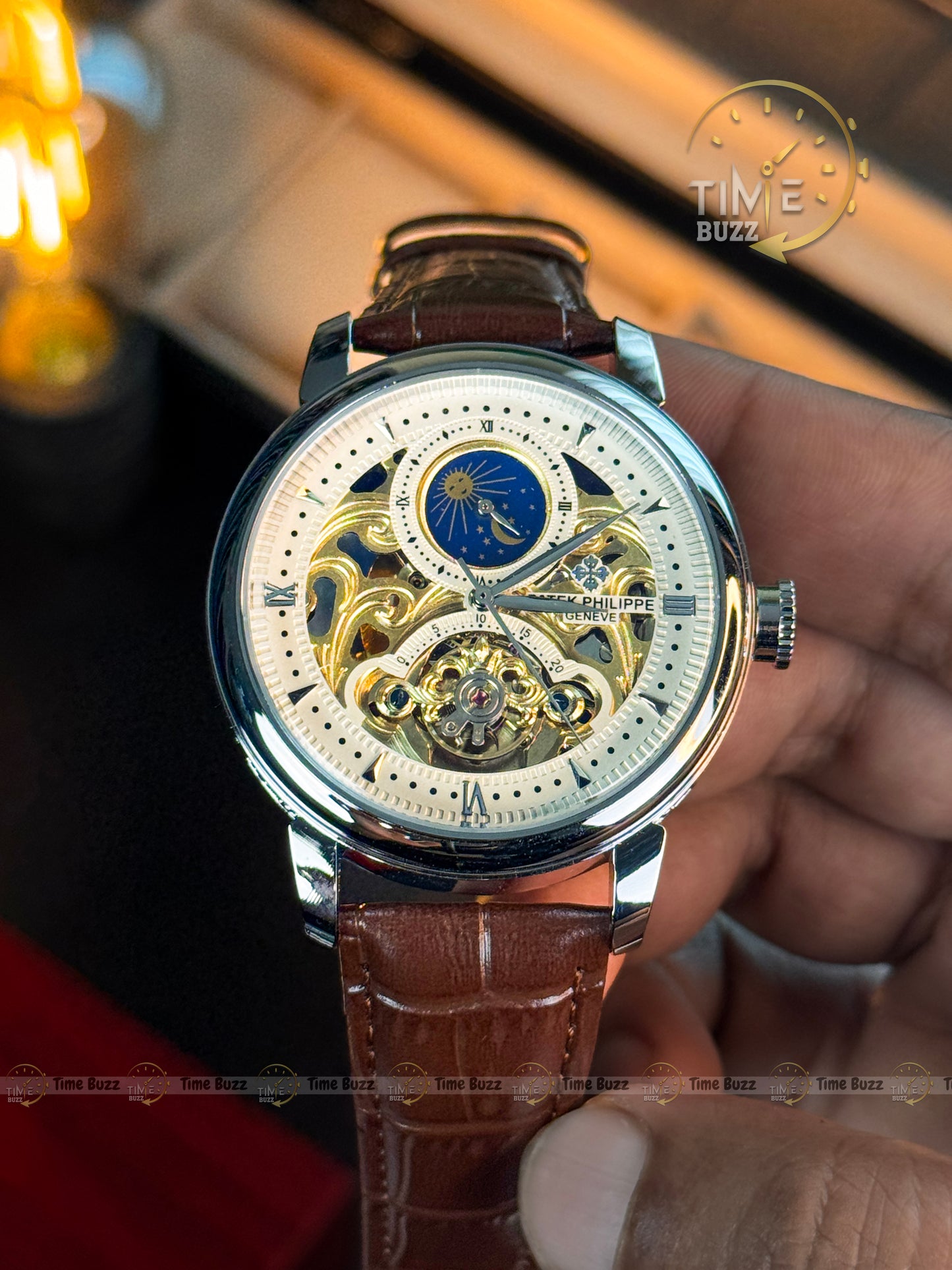 Patek Philippe Skeleton Moonphase Men’s Watch – White Dial & Brown Leather Strap