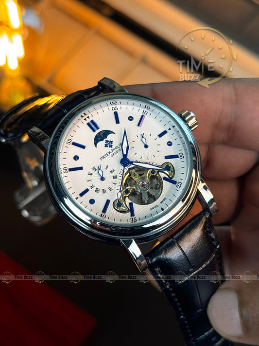 Patek Philippe Tourbillon Moonphase Men’s Watch – White Dial & Black Leather Strap