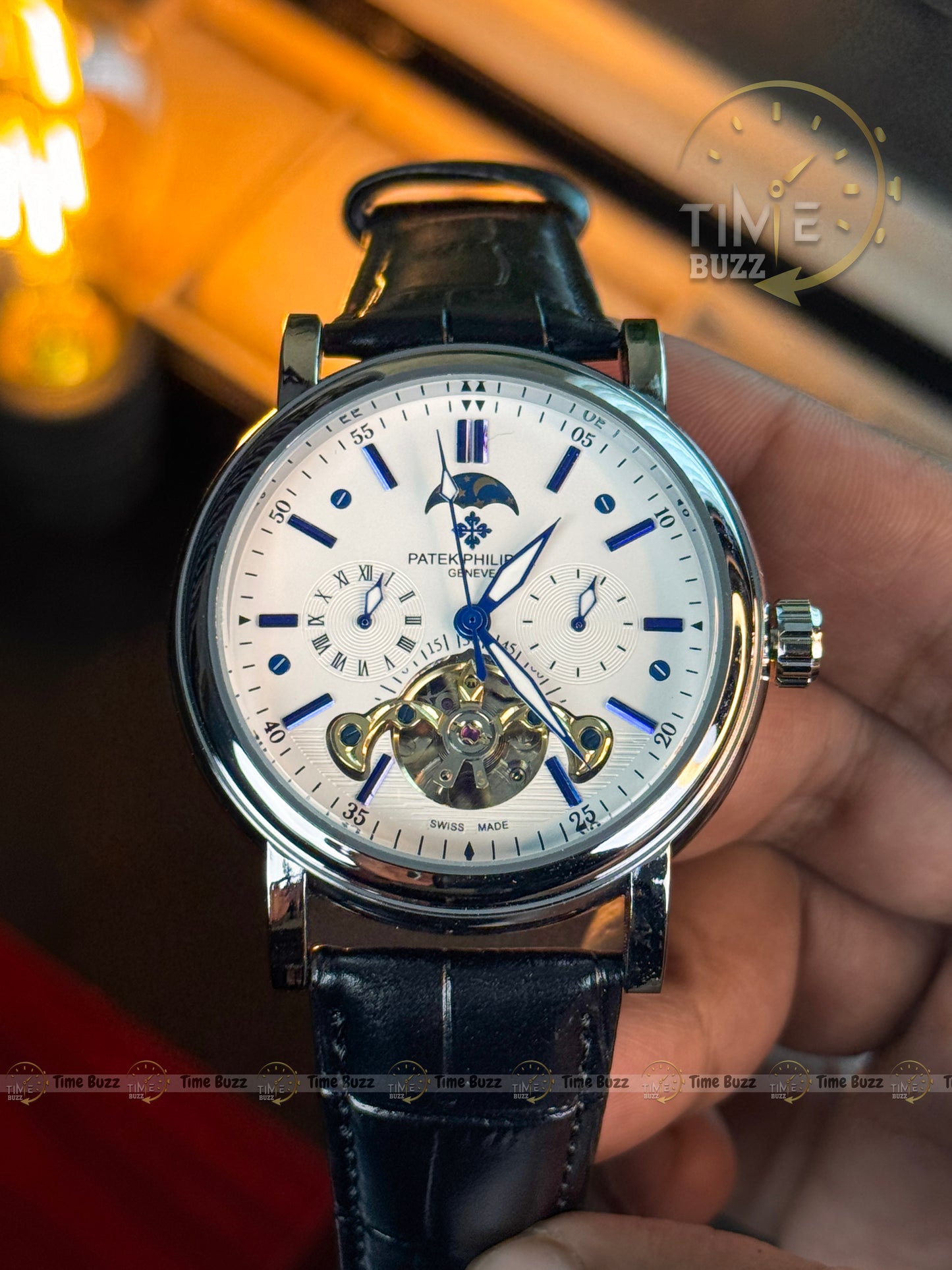 Patek Philippe Tourbillon Moonphase Men’s Watch – White Dial & Black Leather Strap