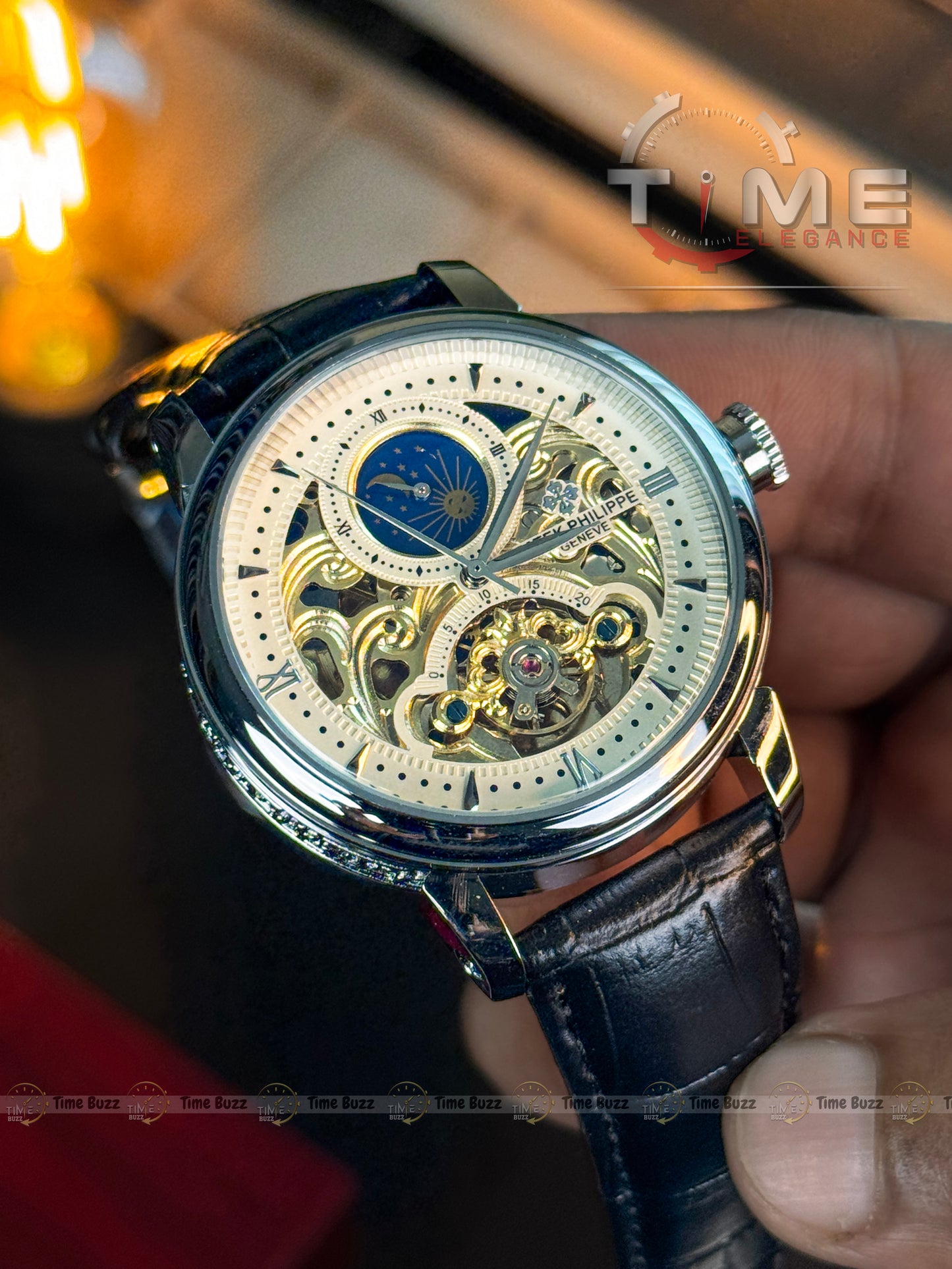 Patek Philippe Skeleton Moonphase Men’s Watch – White Dial & Black Leather Strap