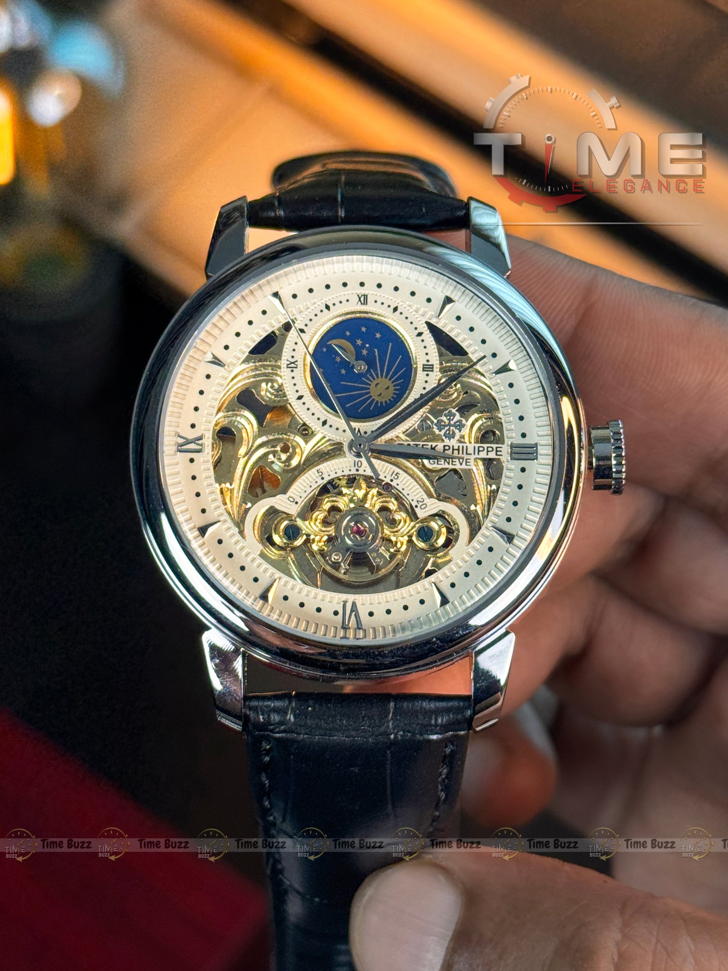 Patek Philippe Skeleton Moonphase Men’s Watch – White Dial & Black Leather Strap