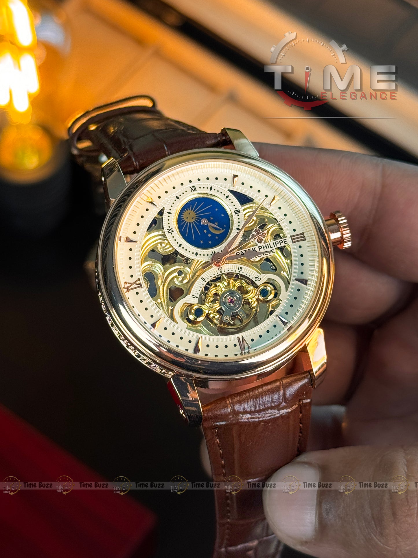 Patek Philippe Skeleton Moonphase Men’s Watch – White Gold Dial & Brown Leather Strap