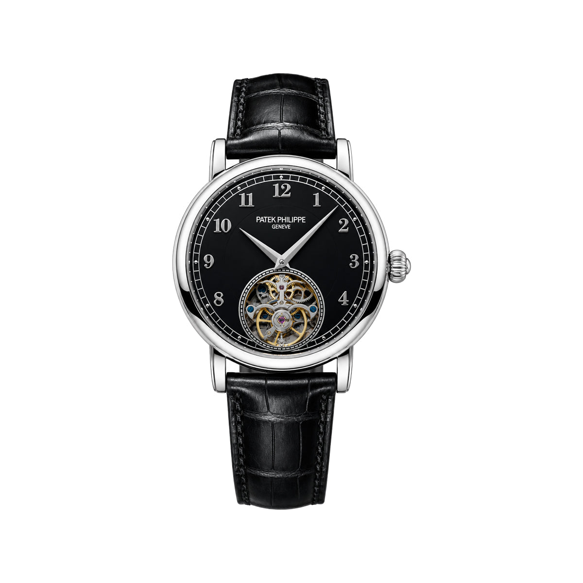 Patek Philippe Silver Open-Heart Automatic Men’s Watch with Black Leather Strap