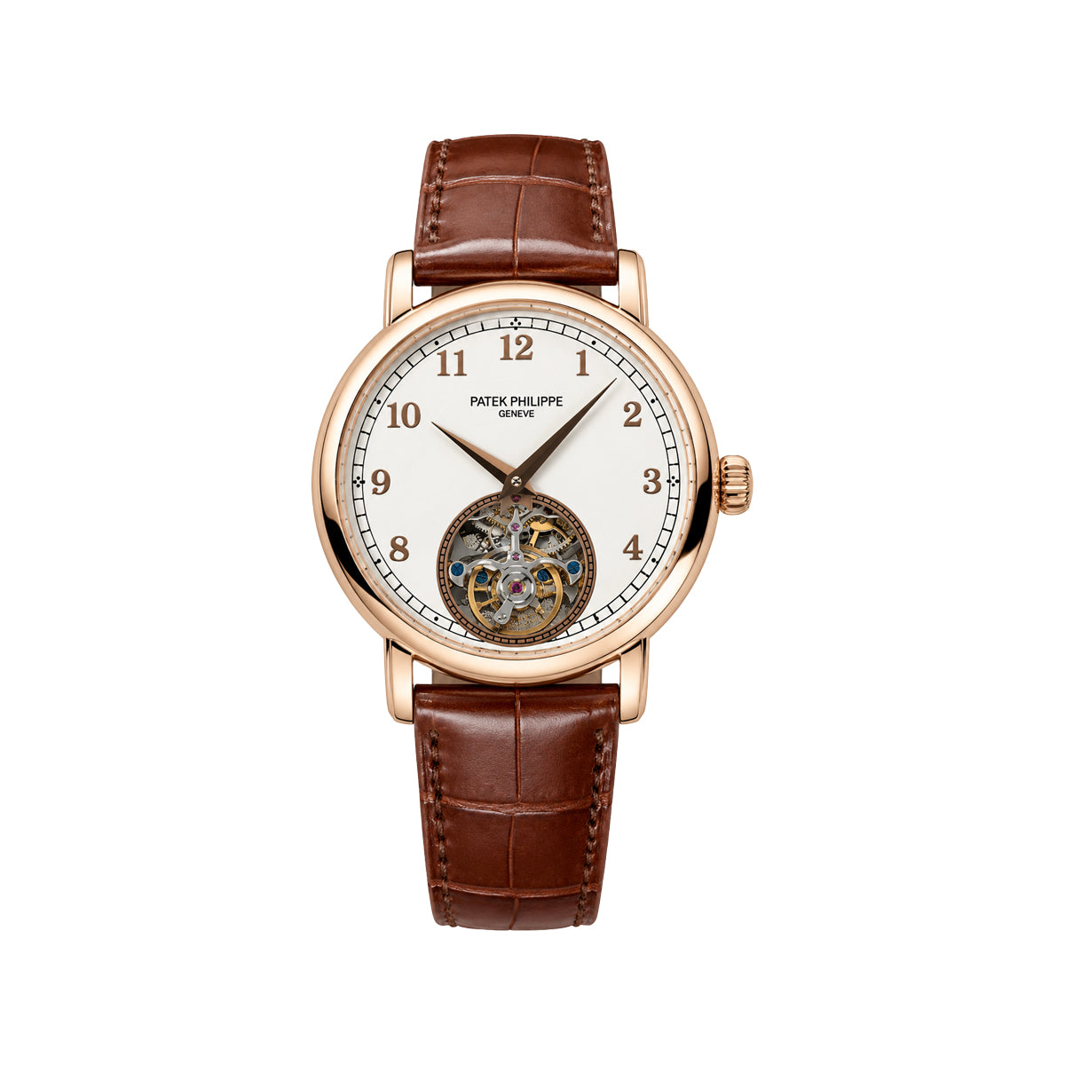 Patek Philippe Rose Gold Open-Heart Automatic Men’s Watch with White Dial and Brown Leather Strap