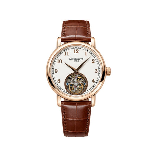 Patek Philippe Rose Gold Open-Heart Automatic Men’s Watch with White Dial and Brown Leather Strap