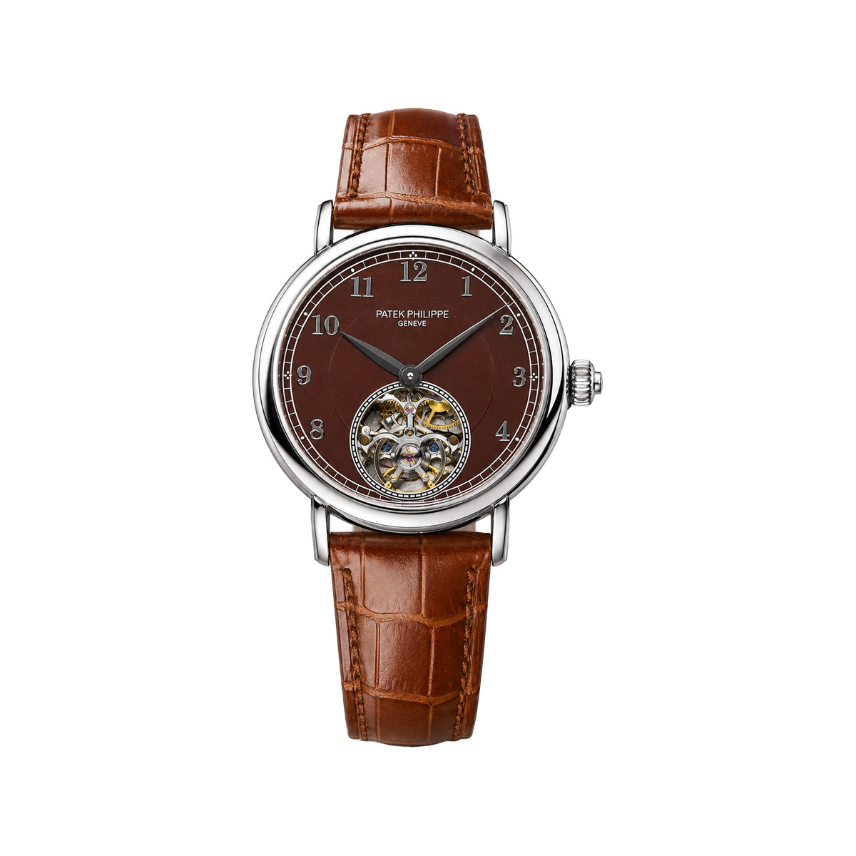 Patek Philippe Silver Open-Heart Automatic Men’s Watch with Brown Dial and Leather Strap