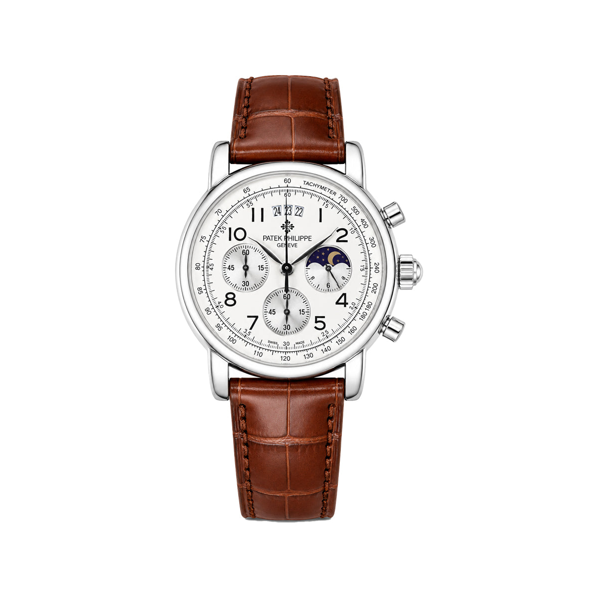 Patek Philippe Silver Chronograph Moonphase-Style Men’s Watch with White Dial and Brown Leather Strap