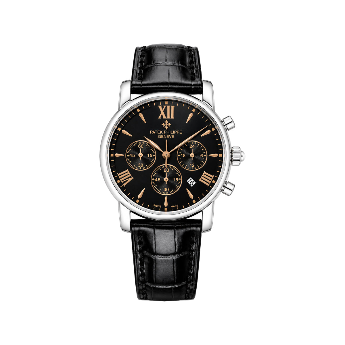 Patek Philippe Silver Black Chronograph Men’s Watch with Black Leather Strap
