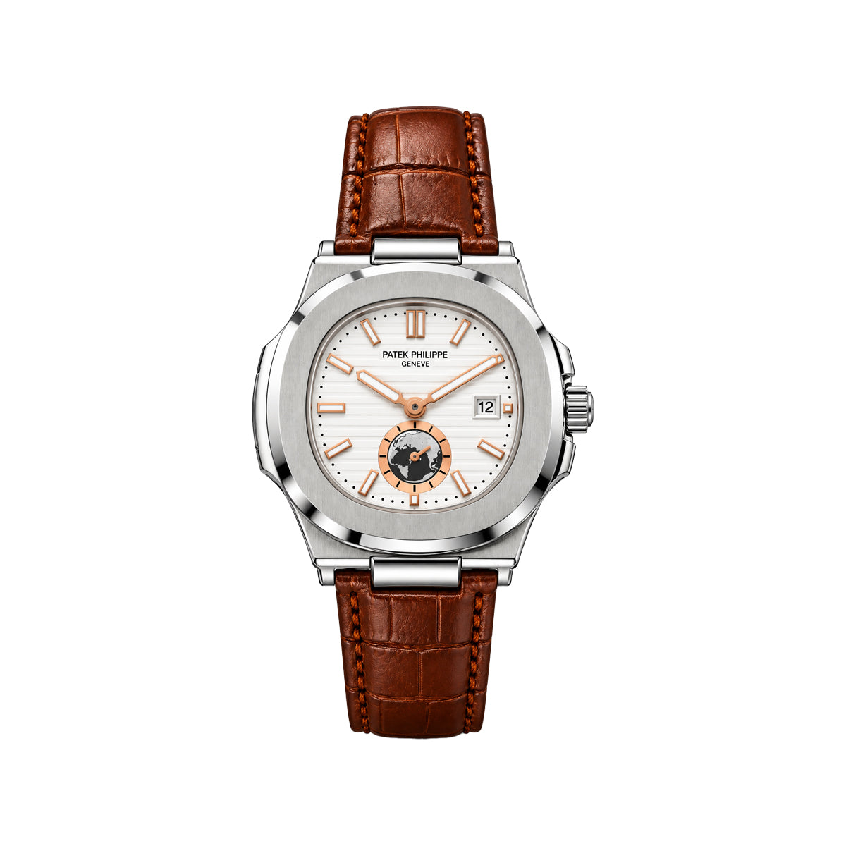 Patek  Philippe Men’s Luxury Nautilus-Style Watch – White Dial & Brown Leather Strap