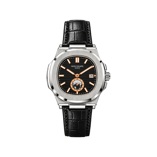 Patek  Philippe Men’s Luxury Nautilus-Style Watch – Black Dial & Black Leather Strap