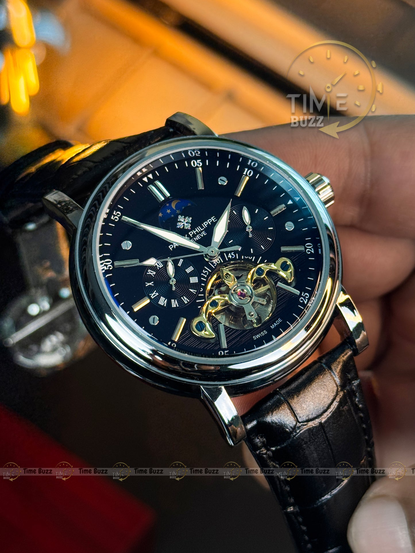 Patek Philippe Tourbillon Moonphase Men’s Watch – Black Dial & Black Leather Strap