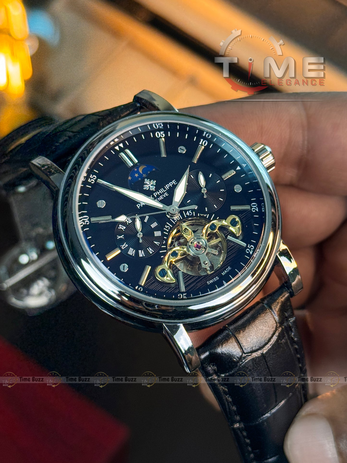 Patek Philippe Tourbillon Moonphase Men’s Watch – Black Dial & Black Leather Strap