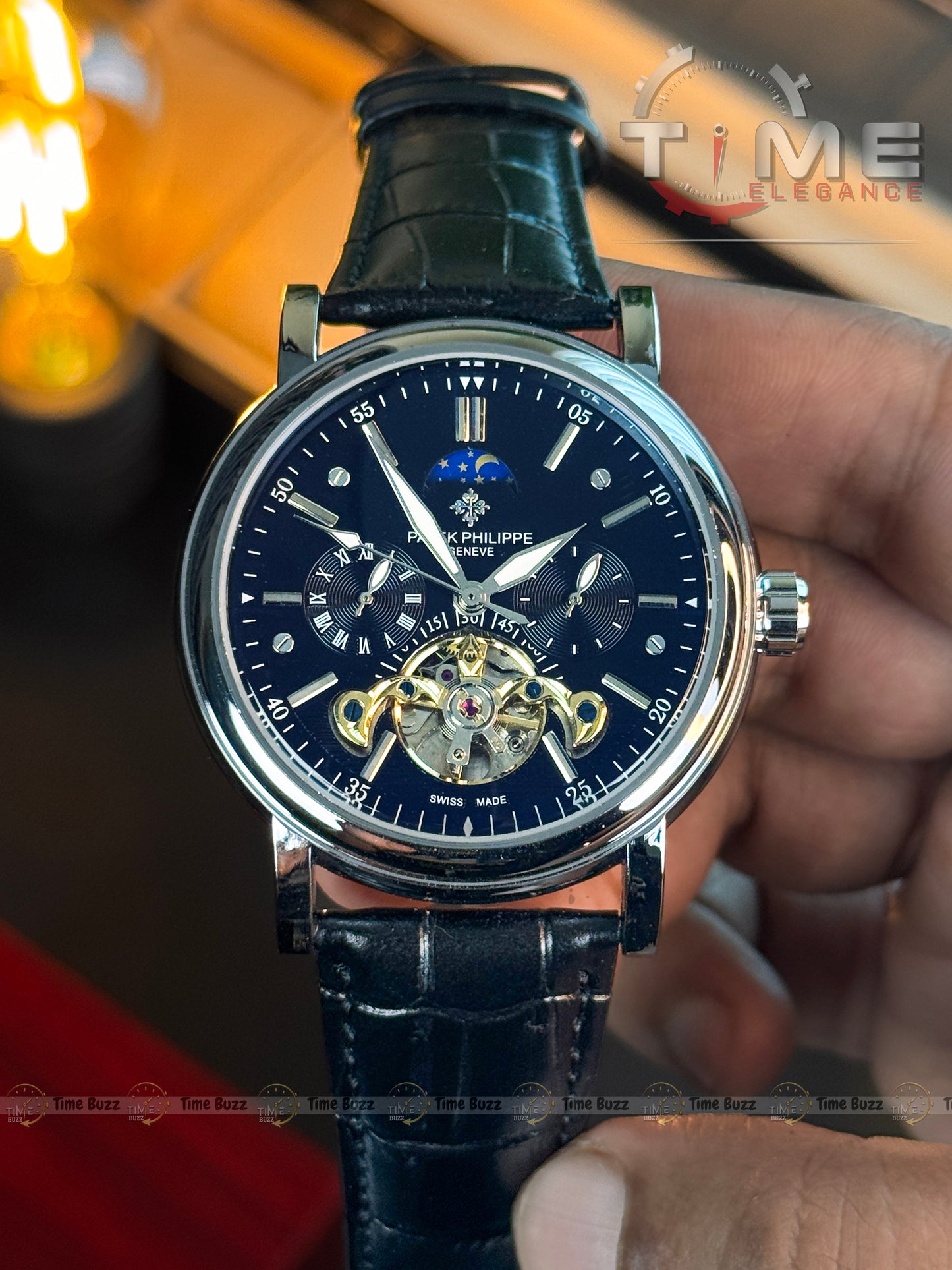 Patek Philippe Tourbillon Moonphase Men’s Watch – Black Dial & Black Leather Strap