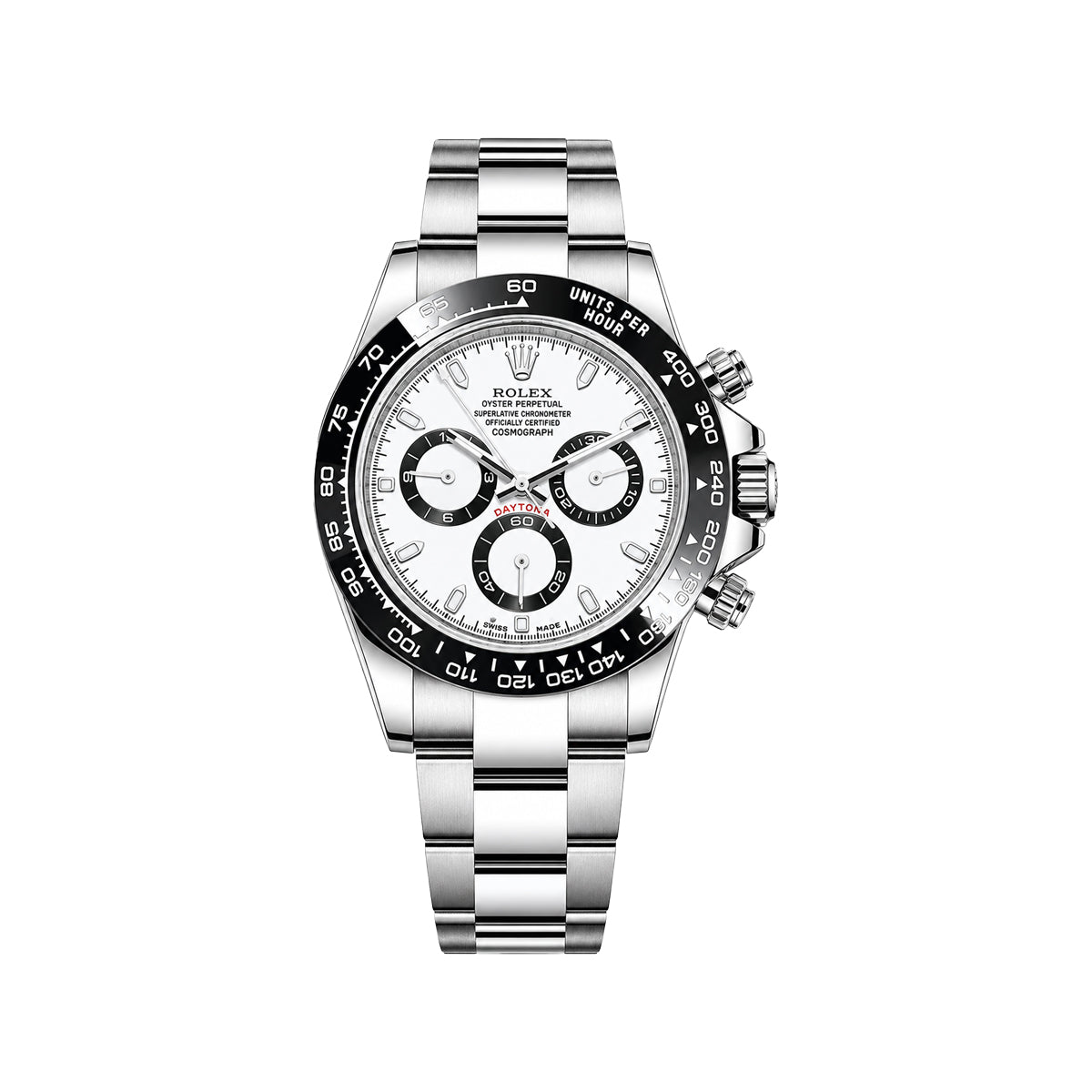 Rolex White Dial Chronograph Style Men's Watch – Black Tachymeter Bezel & Silver Bracelet