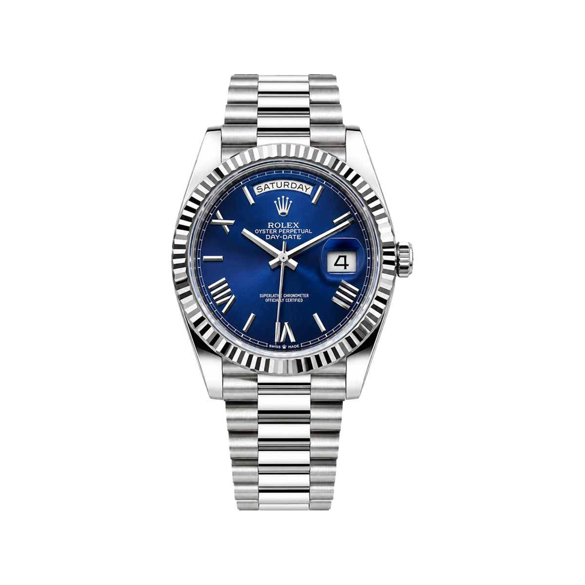 Rolex Blue Dial Day-Date Automatic Men's Watch – Fluted Bezel & Steel Bracelet