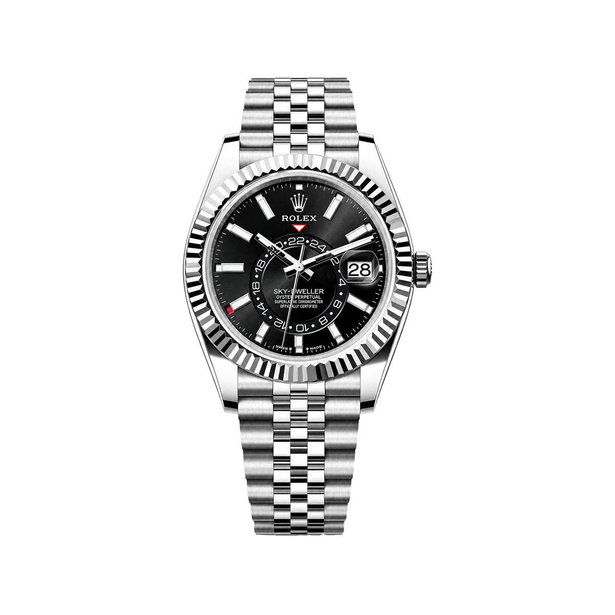 Rolex Black Dial Sky-Dweller Style Men's Watch – Silver Fluted Bezel & Jubilee Bracelet