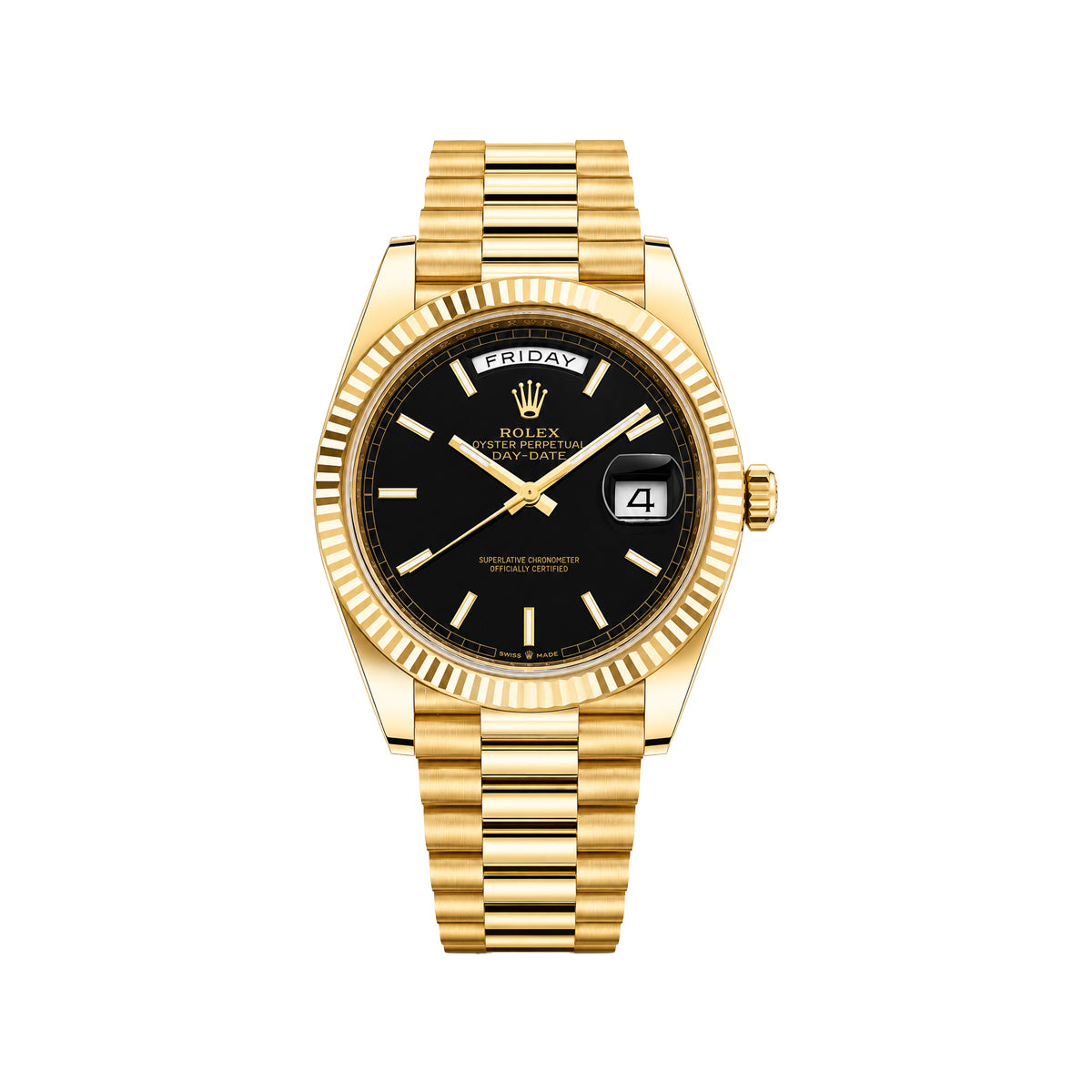 Rolex Gold Day-Date Men's Watch – Black Dial, Fluted Bezel & Gold Bracelet