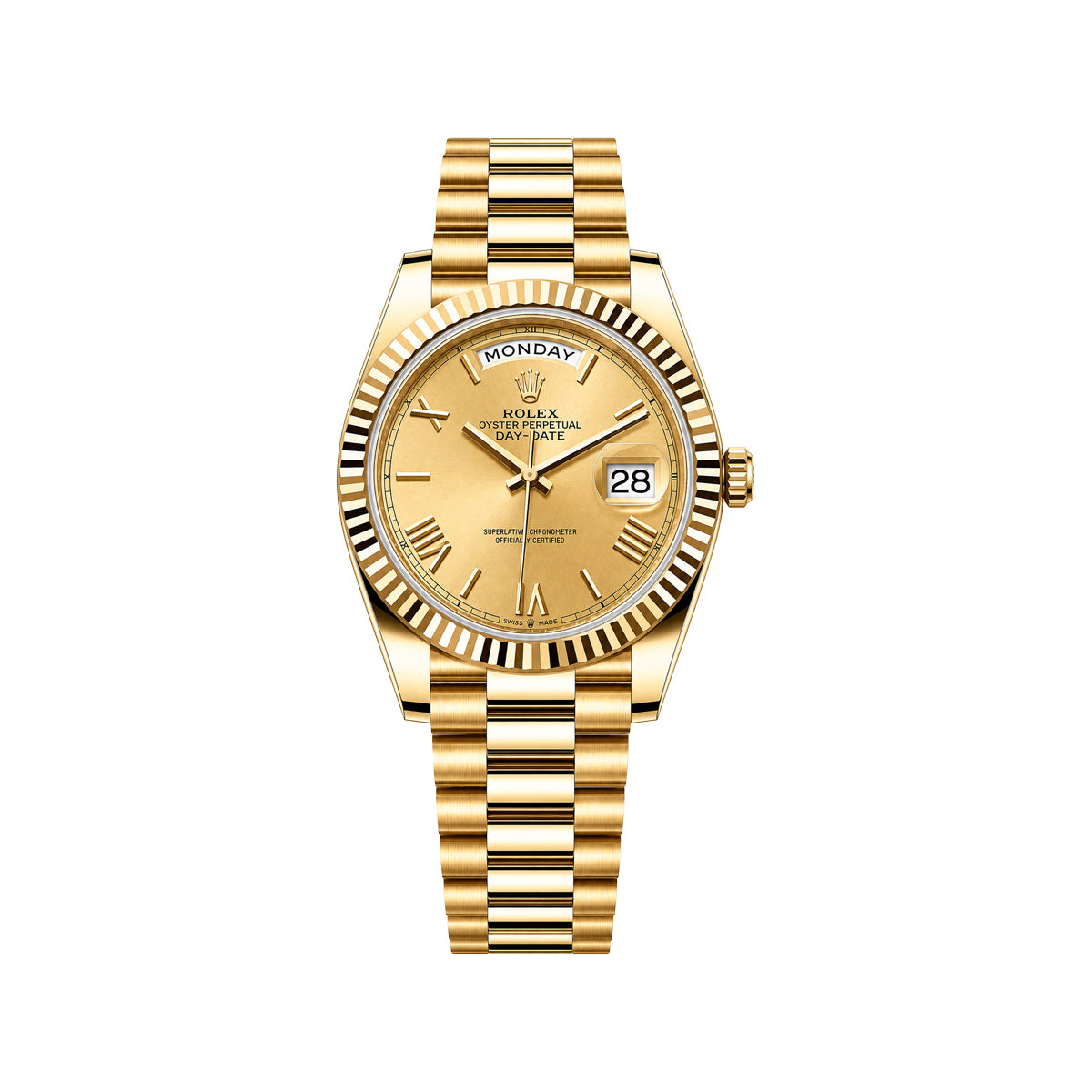 Rolex Gold Day-Date Men's Watch – Champagne Dial, Fluted Bezel & Gold Bracelet