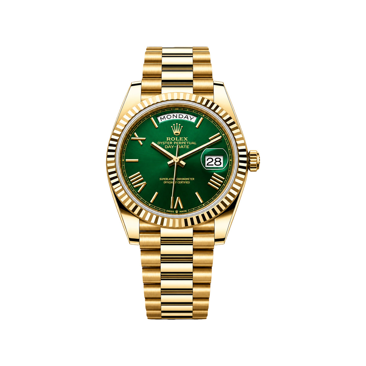 Rolex Gold Day-Date Men's Watch – Green Dial, Fluted Bezel & Gold Bracelet