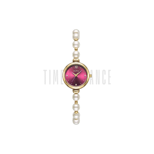 OLIYA 993 Women’s Pearl Bracelet Watch – Elegant Red Wine Dial Quartz Wristwatch