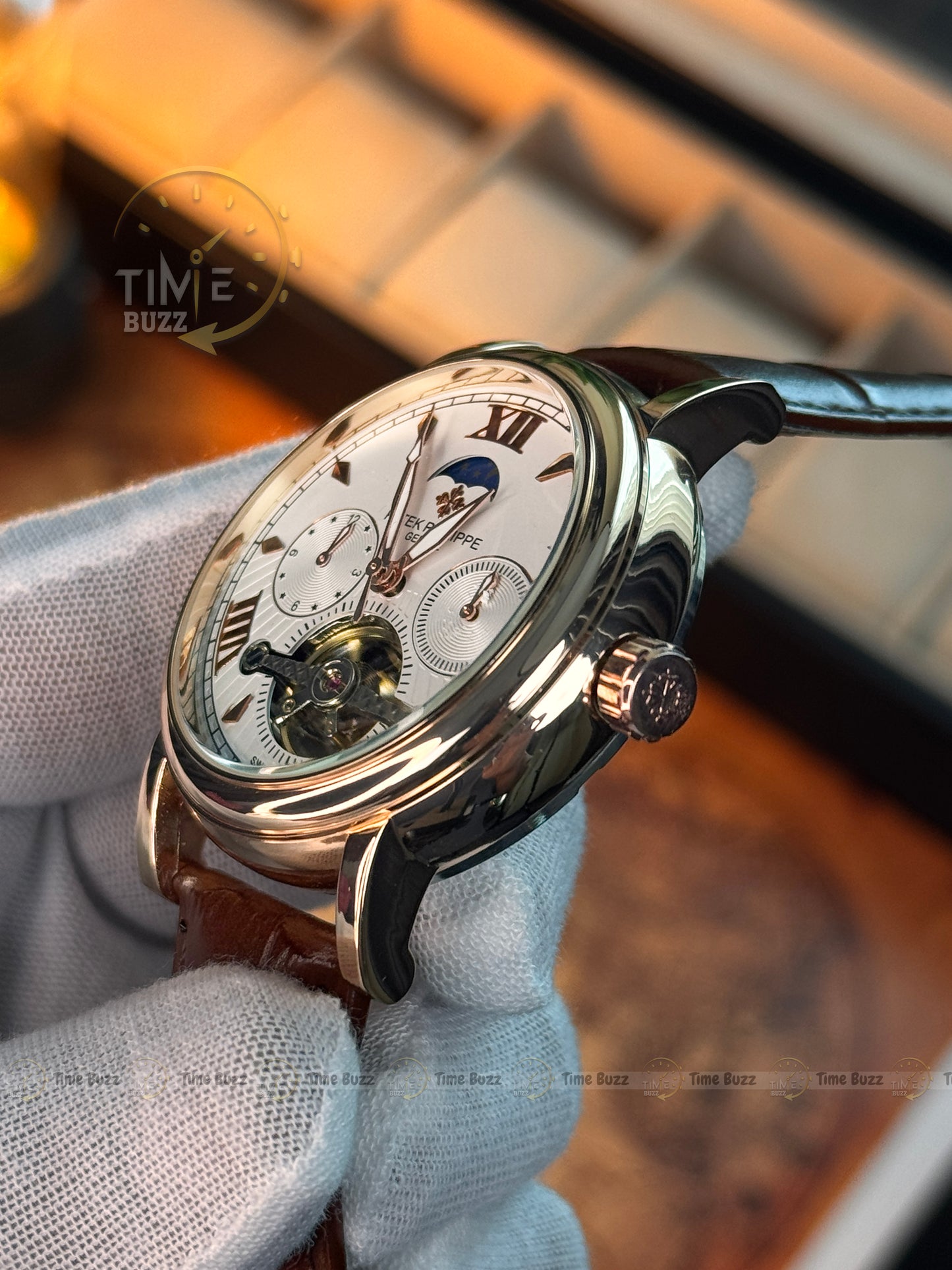 Patek Philippe Automatic Open Heart Watch – White Dial, Moonphase-Style Display, Dual Subdials & Brown Leather Strap