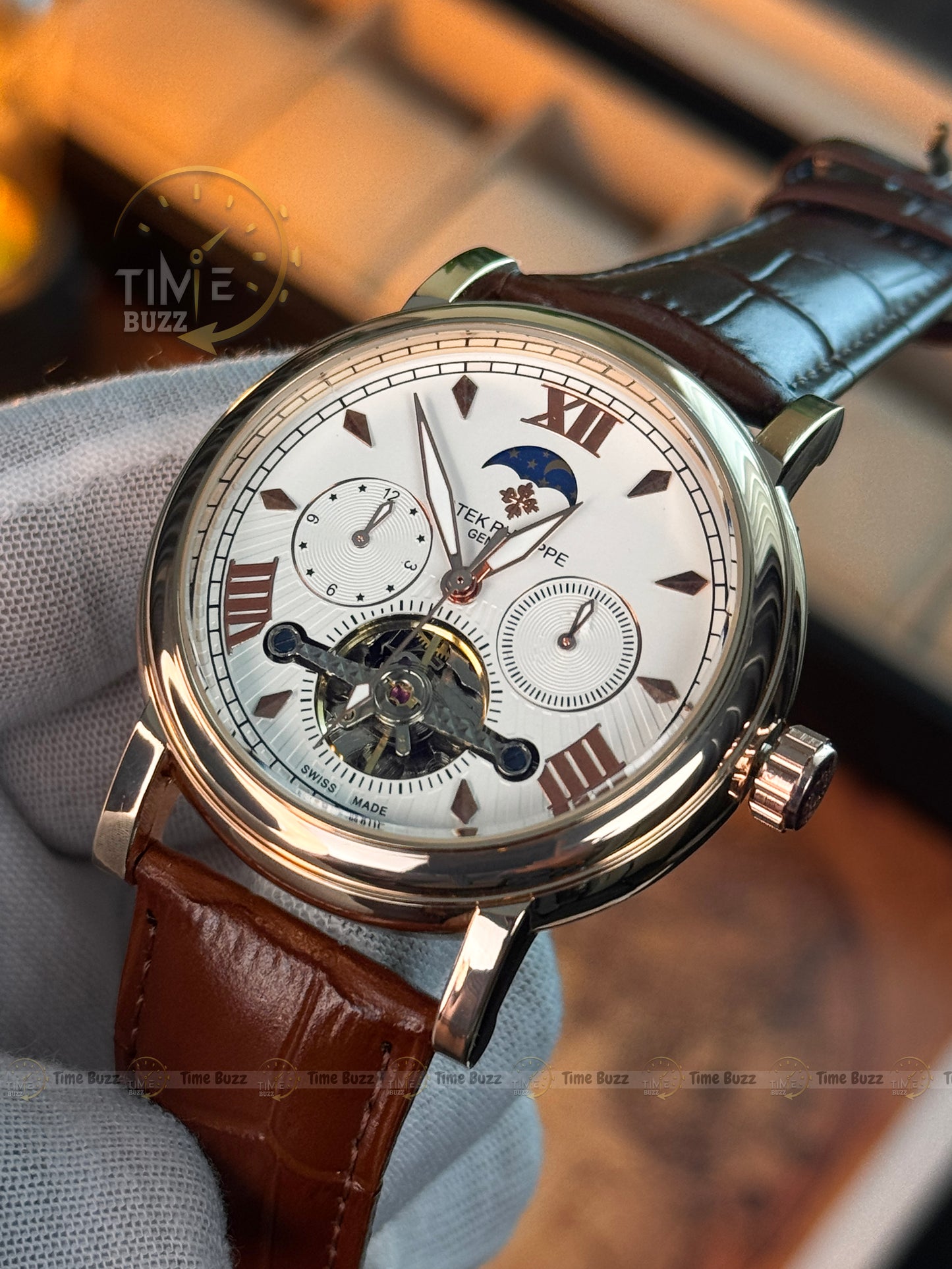 Patek Philippe Automatic Open Heart Watch – White Dial, Moonphase-Style Display, Dual Subdials & Brown Leather Strap