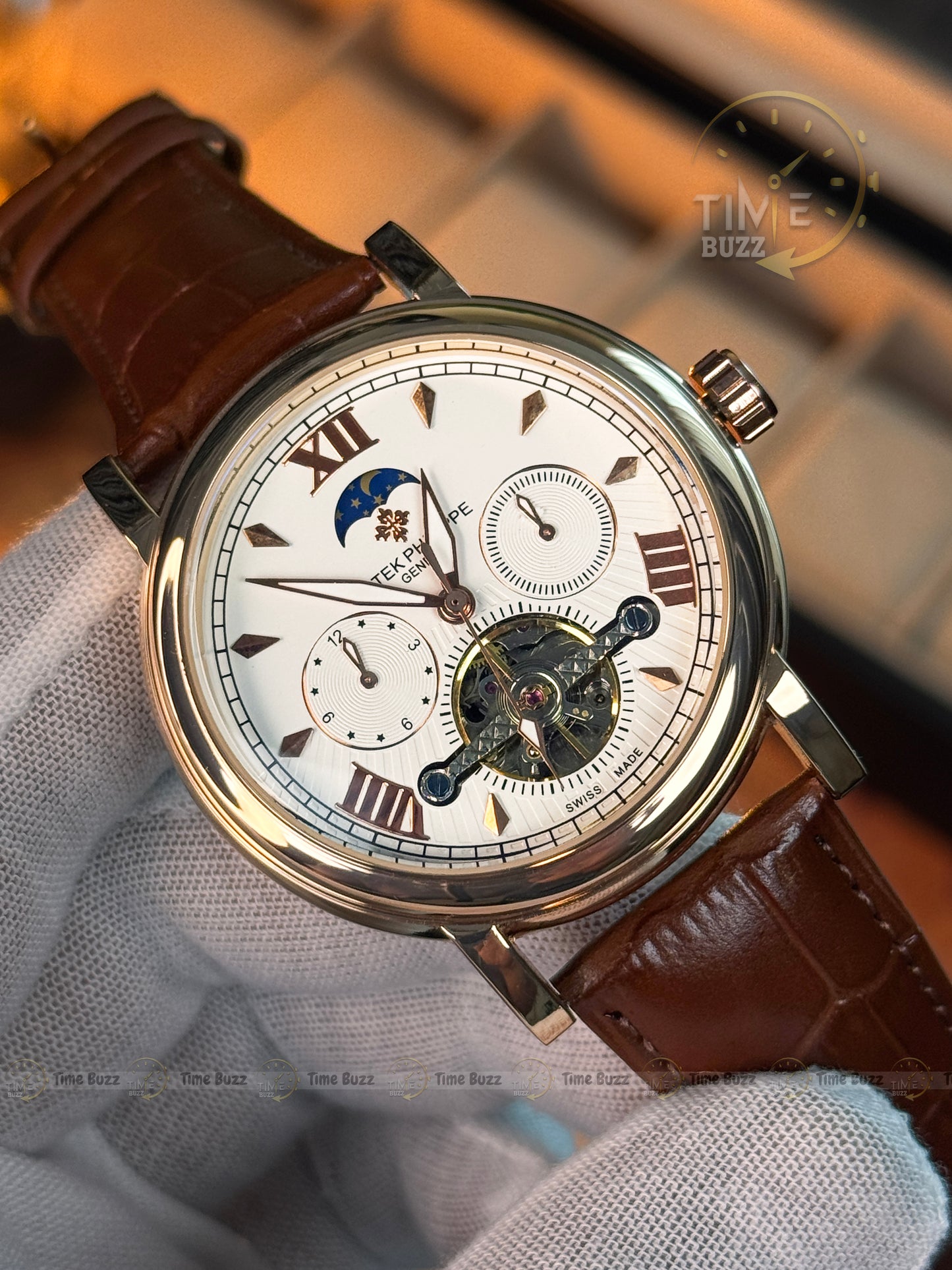 Patek Philippe Automatic Open Heart Watch – White Dial, Moonphase-Style Display, Dual Subdials & Brown Leather Strap