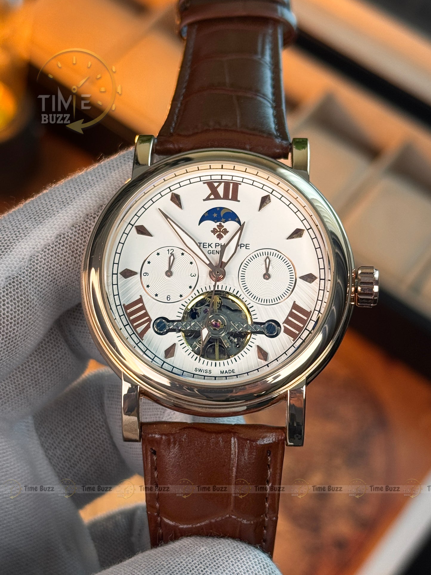 Patek Philippe Automatic Open Heart Watch – White Dial, Moonphase-Style Display, Dual Subdials & Brown Leather Strap
